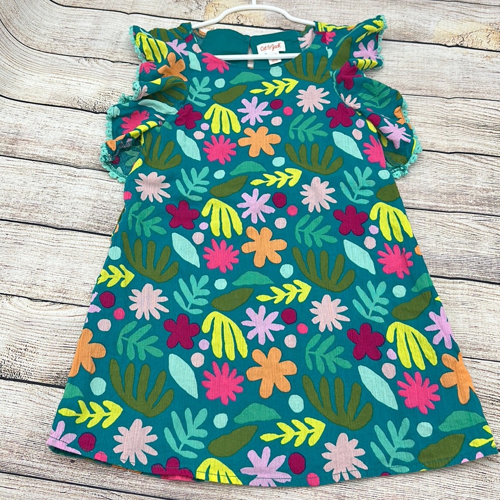Cat & Jack Tropical Aqua Flutter Sleeve Dress Girls Size XS (4/5) Spring…